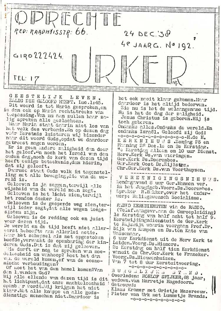 De Oprechte Urker, 24 december 1938; collectie museum Het Oude Raadhuis te Urk.