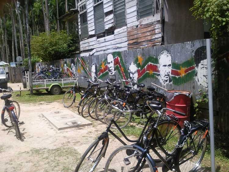 Verhuur van fietsen rondom de Palmentuin. Schilderij. 