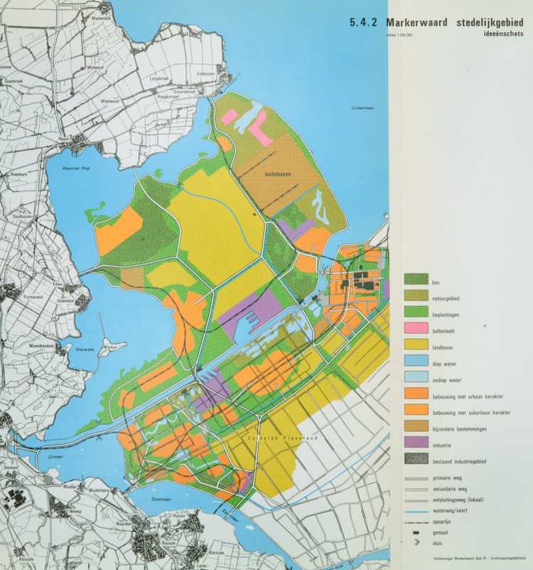 Plan voor de verbindingen tussen Amsterdam, Markerwaard en Zuidelijk Flevoland, ca. 1974.
