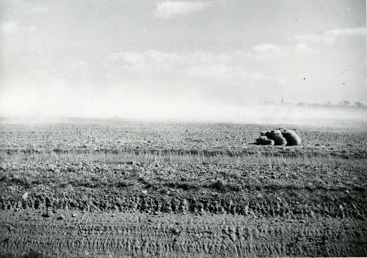 Stuivende grond op een kavel met Blokzijlerzand, Noordoostpolder, 4 april 1949 (Fotocollectie RIJP; Wit - 9007630). 
