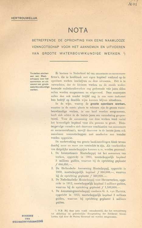 Eerste pagina van de "Nota betreffende de oprichting van eene naamloze vennootschap voor het aannemen en uitvoeren van groote waterbouwkundige werken", in 1917 geschreven door Jan Lely en S. ten Bokkel Huinink.