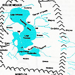 Schematische weergave van de meren rivieren en bergen in en rond de Mexico vallei